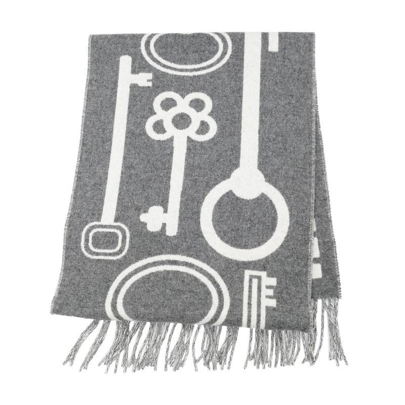 Hermes Muffler Kazak Keys Collection Gray 100% Cashmere Fringe Scarf