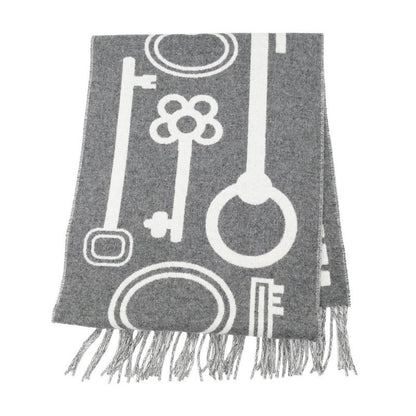 Hermes Muffler Kazak Keys Collection Gray 100% Cashmere Fringe Scarf