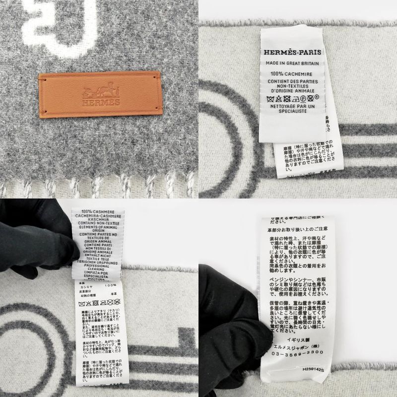 Hermes Muffler Kazak Keys Collection Gray 100% Cashmere Fringe Scarf