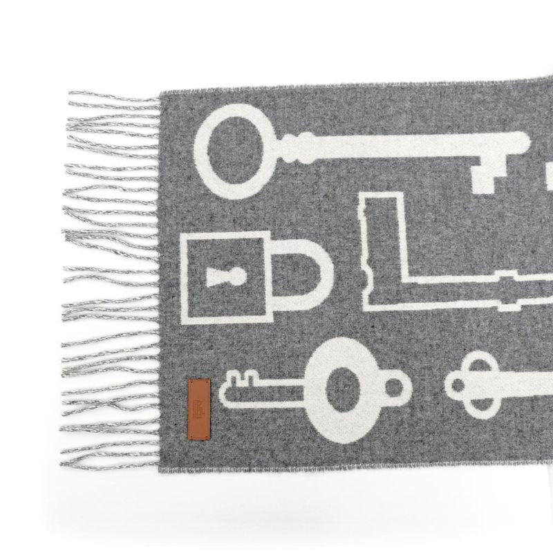 Hermes Muffler Kazak Keys Collection Gray 100% Cashmere Fringe Scarf