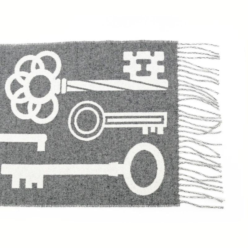 Hermes Muffler Kazak Keys Collection Gray 100% Cashmere Fringe Scarf