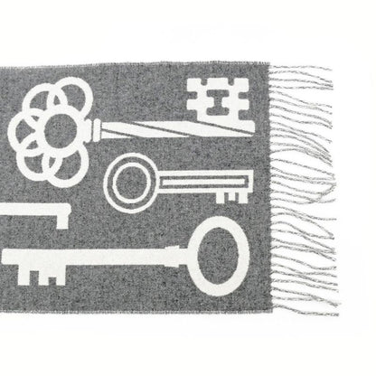 Hermes Muffler Kazak Keys Collection Gray 100% Cashmere Fringe Scarf