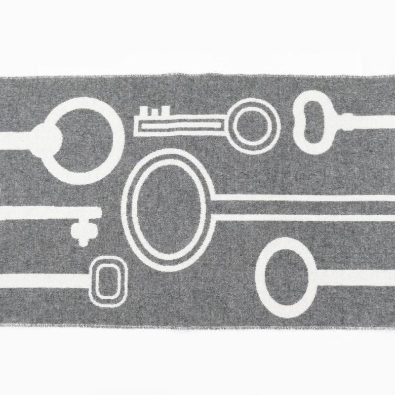 Hermes Muffler Kazak Keys Collection Gray 100% Cashmere Fringe Scarf