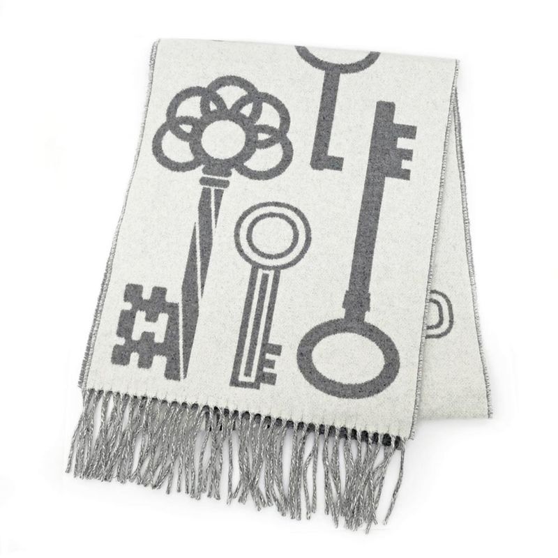 Hermes Muffler Kazak Keys Collection Gray 100% Cashmere Fringe Scarf