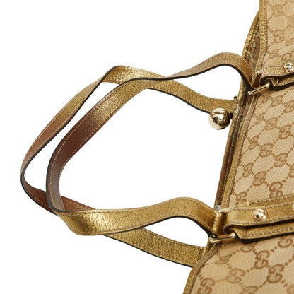 GUCCI GG Canvas Sherry Line Tote Bag Handbag 139260 Brown Gold Canvas Leather