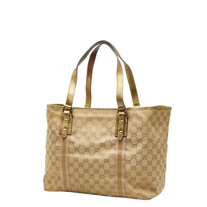 GUCCI GG Canvas Sherry Line Tote Bag Handbag 139260 Brown Gold Canvas Leather