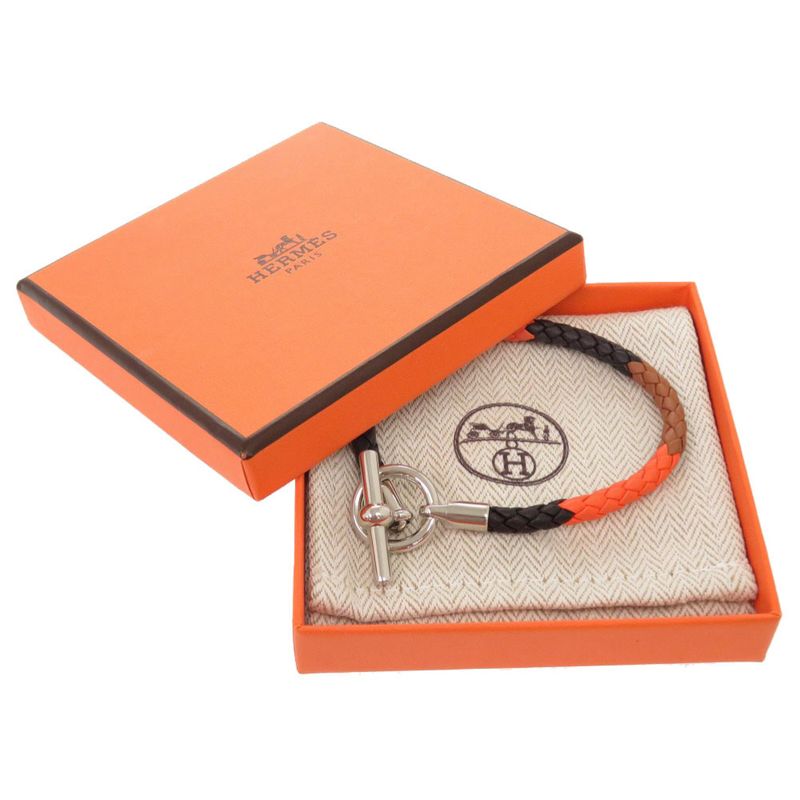 Hermes Grennan Leather Orange Brown Black Silver Hardware Bracelet Accessory