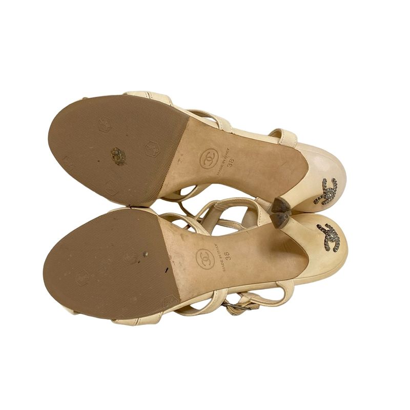 Chanel Sandals 38 Women's Beige Coco Mark Outsole Reupholstered Leather