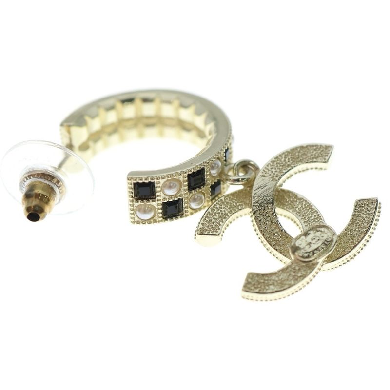 Chanel Coco Mark Logo Rhinestone Hoop Earrings Gold Black GP