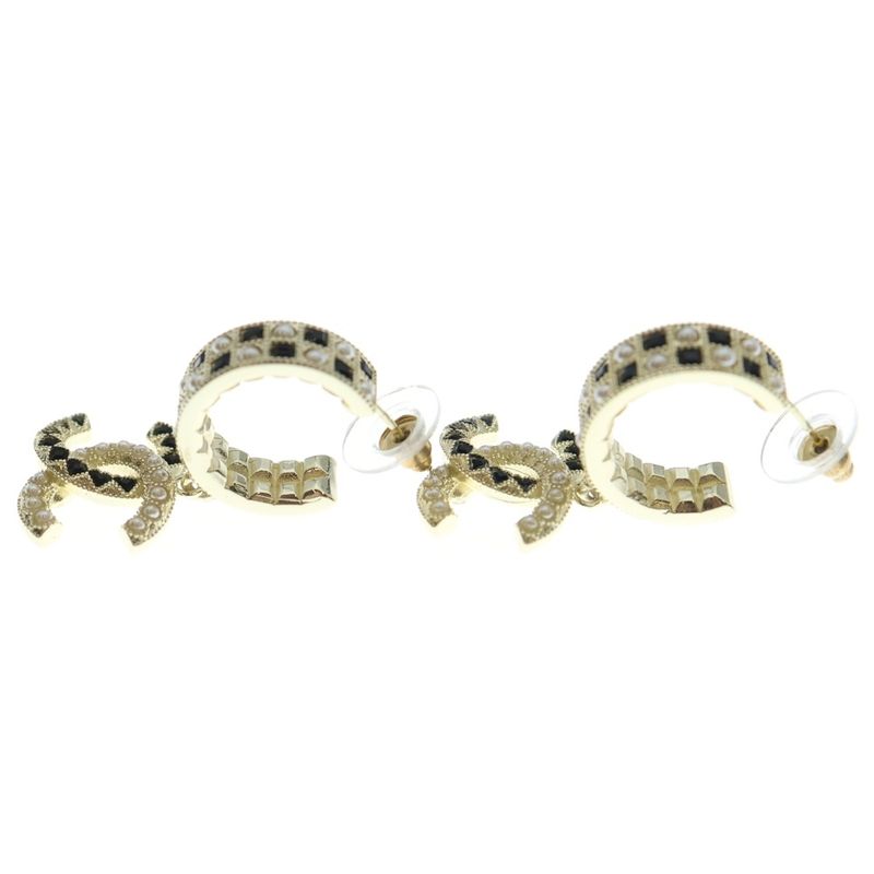 Chanel Coco Mark Logo Rhinestone Hoop Earrings Gold Black GP