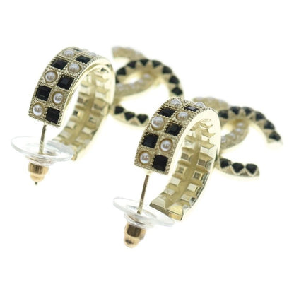 Chanel Coco Mark Logo Rhinestone Hoop Earrings Gold Black GP
