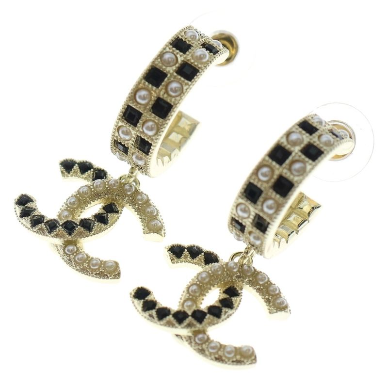 Chanel Coco Mark Logo Rhinestone Hoop Earrings Gold Black GP
