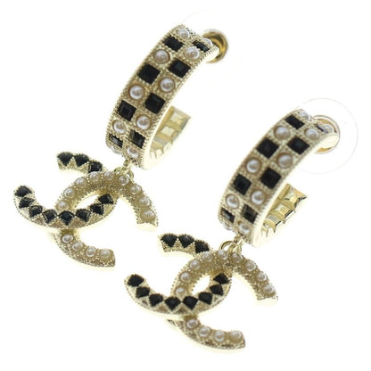 Chanel Coco Mark Logo Rhinestone Hoop Earrings Gold Black GP
