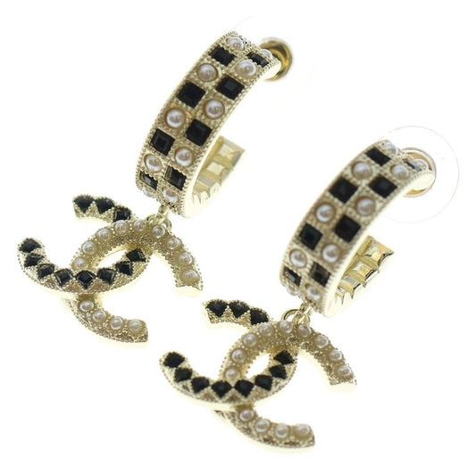 Chanel Coco Mark Logo Rhinestone Hoop Earrings Gold Black GP