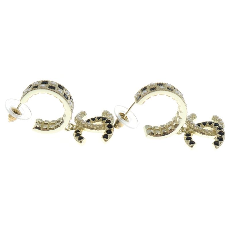 Chanel Coco Mark Logo Rhinestone Hoop Earrings Gold Black GP