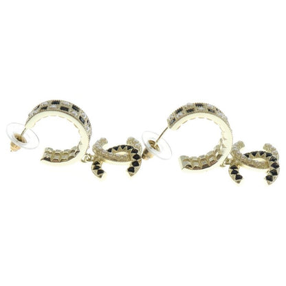 Chanel Coco Mark Logo Rhinestone Hoop Earrings Gold Black GP