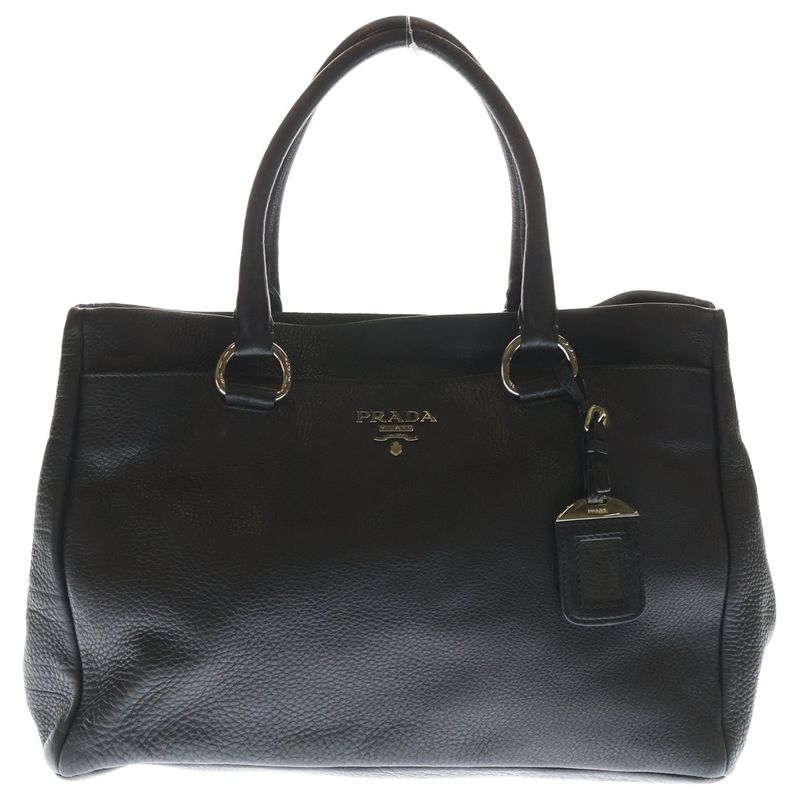 Prada Vitello Daino Leather Logo Plate Handbag Silver Hardware Black