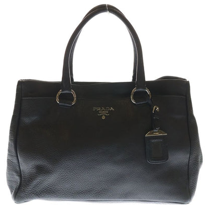 Prada Vitello Daino Leather Logo Plate Handbag Silver Hardware Black