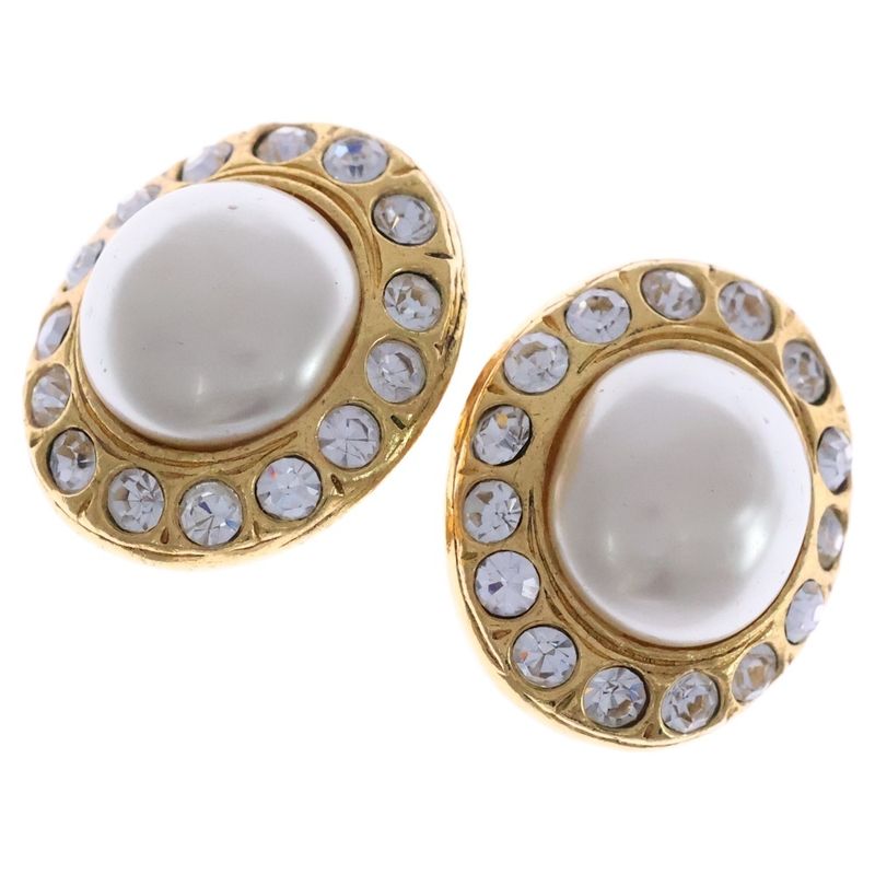 Chanel Pearl Rhinestone Earrings Gold GP Accessories