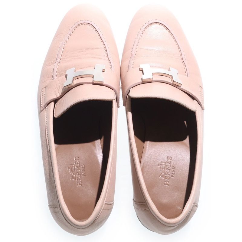 Hermes Constance H Logo Leather Low Cut Shoes Lofa Silver Hardware Beige Ladies