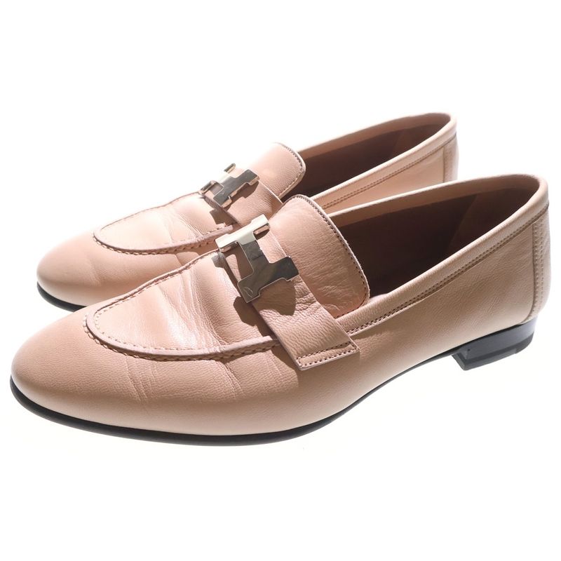 Hermes Constance H Logo Leather Low Cut Shoes Lofa Silver Hardware Beige Ladies