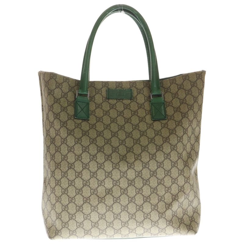 Gucci GG Supreme PVC Leather Hand Tote Bag Silver Hardware Beige Green 131220