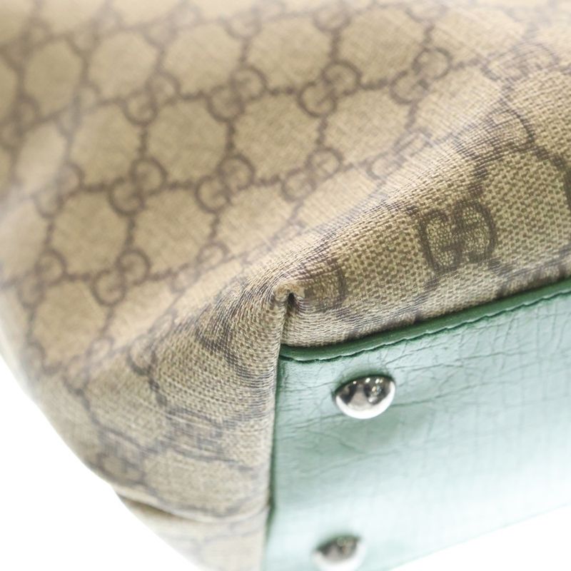 Gucci GG Supreme PVC Leather Hand Tote Bag Silver Hardware Beige Green 131220