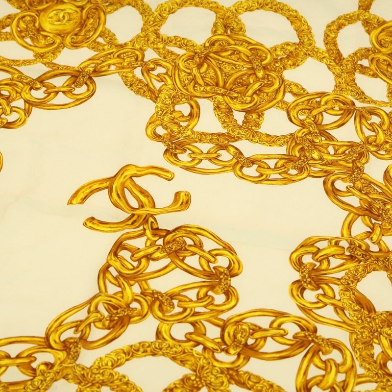 Chanel Coco Mark Chain Motif Scarf Gold Silk