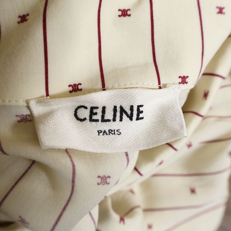 Celine Triomphe Print Allover Striped Open Collar Short Sleeve Shirt Beige
