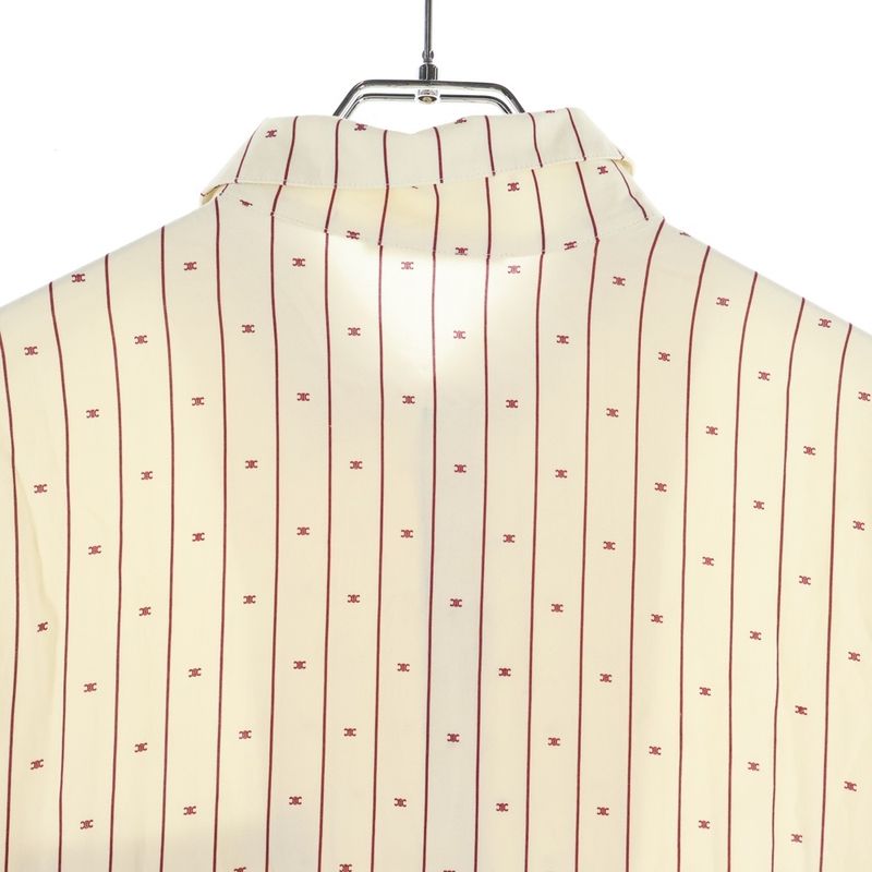 Celine Triomphe Print Allover Striped Open Collar Short Sleeve Shirt Beige