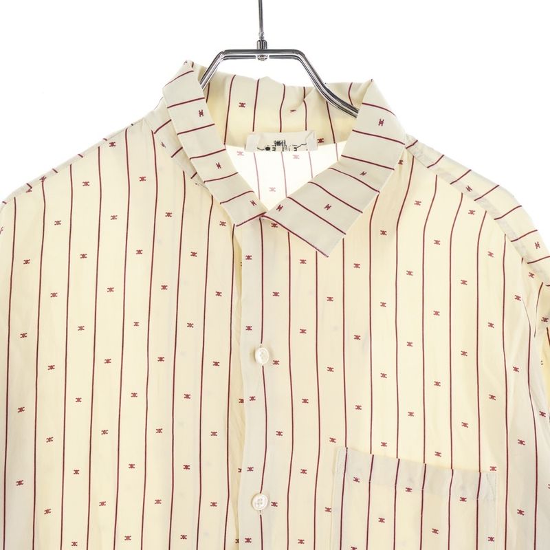Celine Triomphe Print Allover Striped Open Collar Short Sleeve Shirt Beige