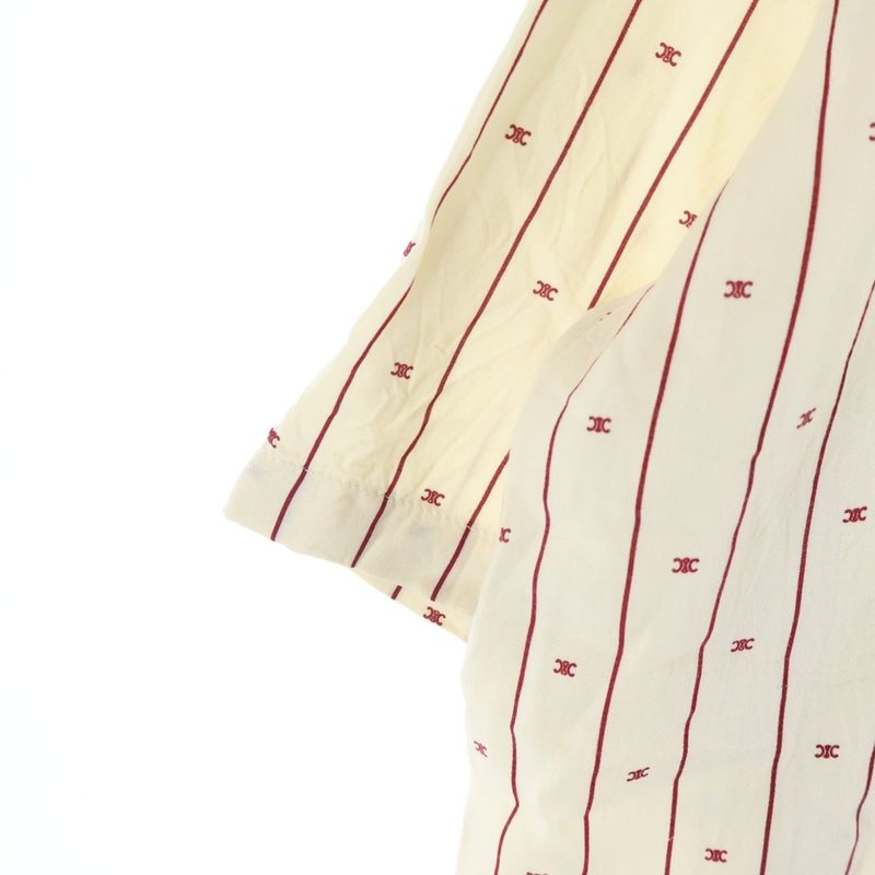 Celine Triomphe Print Allover Striped Open Collar Short Sleeve Shirt Beige