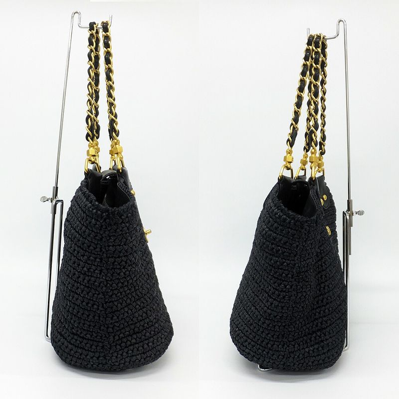 Chanel Basket Shoulder Bag Black Chain Straw Gold