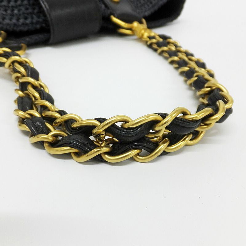 Chanel Basket Shoulder Bag Black Chain Straw Gold