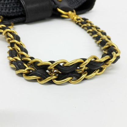 Chanel Basket Shoulder Bag Black Chain Straw Gold