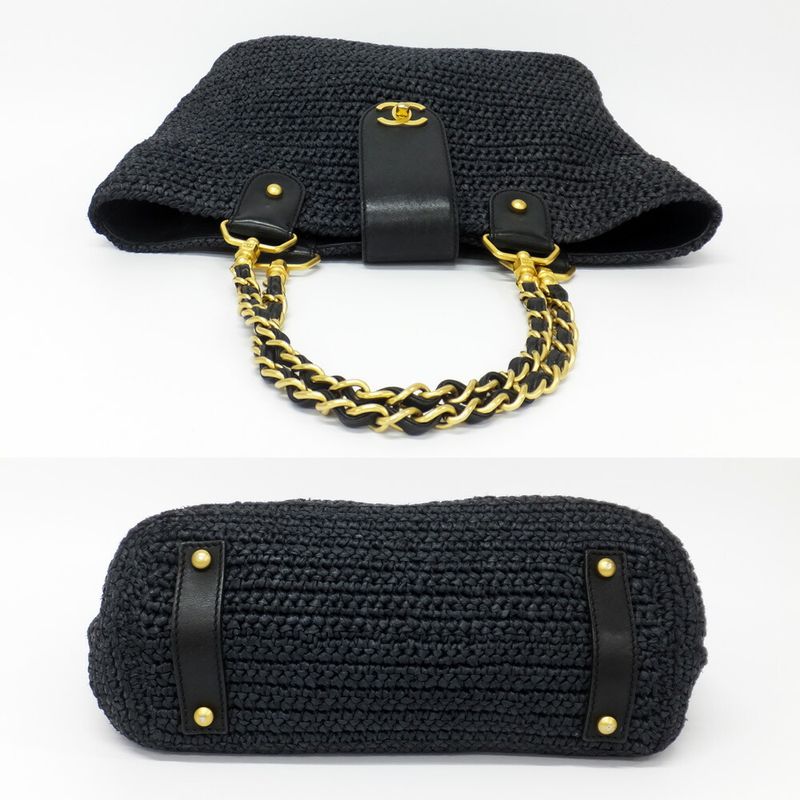 Chanel Basket Shoulder Bag Black Chain Straw Gold