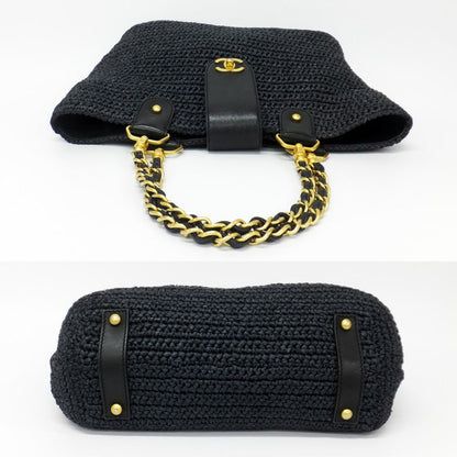 Chanel Basket Shoulder Bag Black Chain Straw Gold