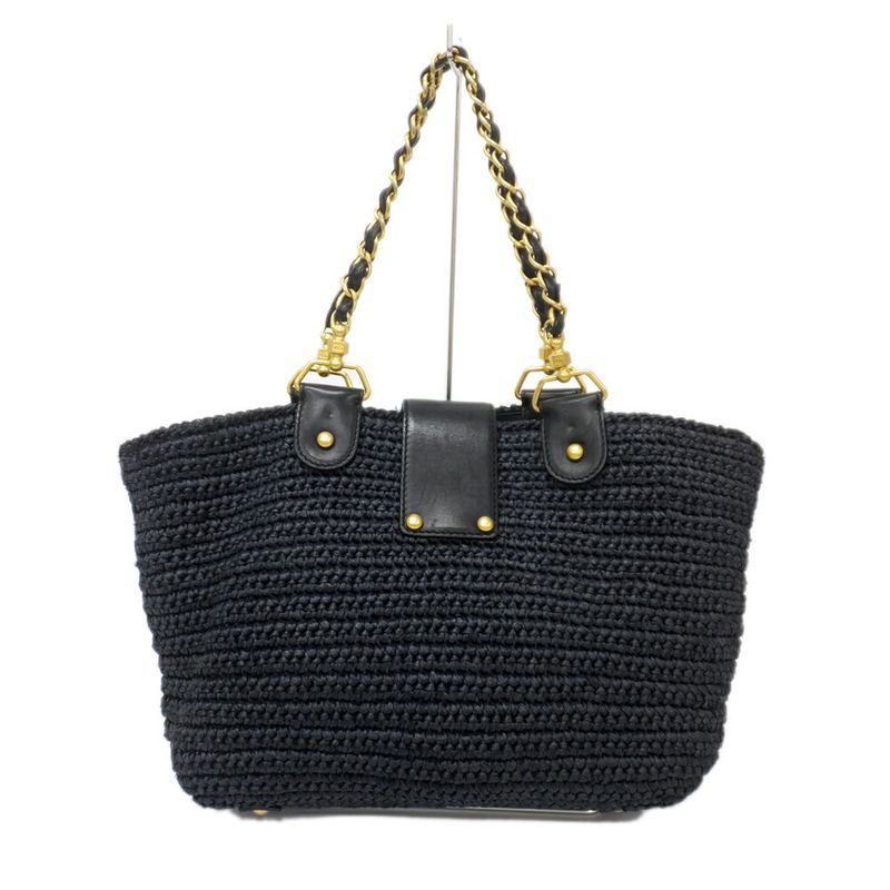 Chanel Basket Shoulder Bag Black Chain Straw Gold