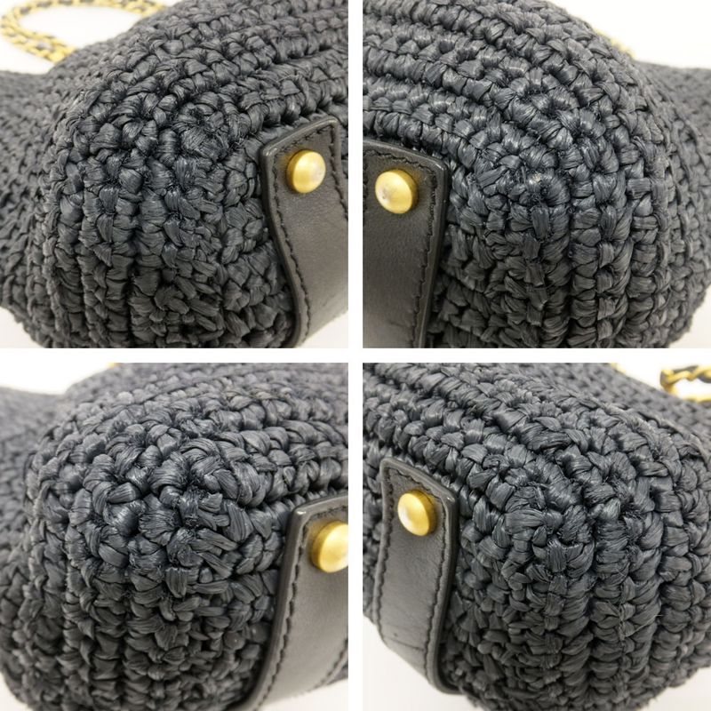 Chanel Basket Shoulder Bag Black Chain Straw Gold