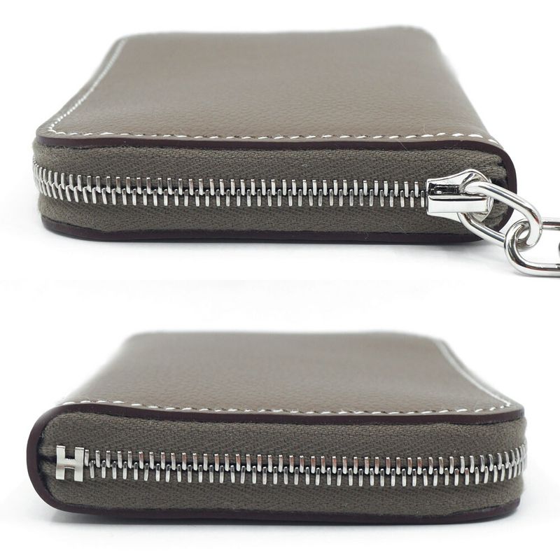 Hermes Zip Azap Compact Wallet Coin Purse Leather Etoupe Gray Silver