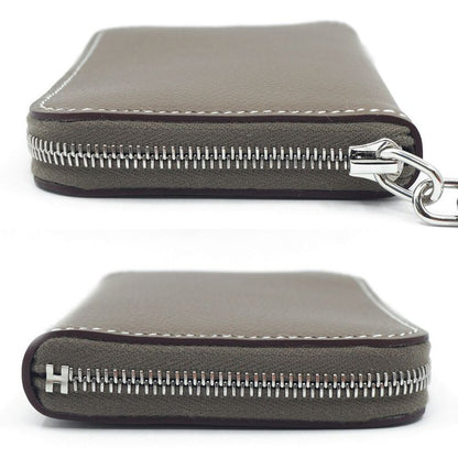 Hermes Zip Azap Compact Wallet Coin Purse Leather Etoupe Gray Silver
