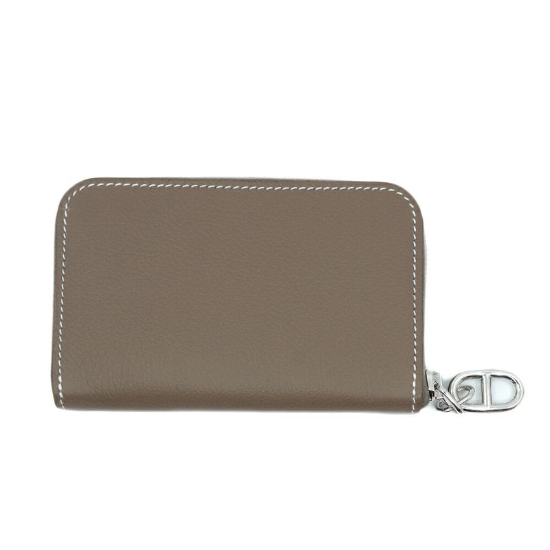 Hermes Zip Azap Compact Wallet Coin Purse Leather Etoupe Gray Silver