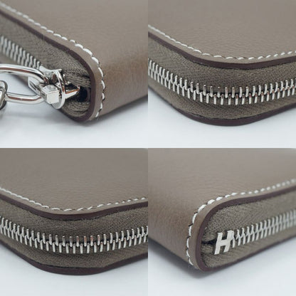 Hermes Zip Azap Compact Wallet Coin Purse Leather Etoupe Gray Silver
