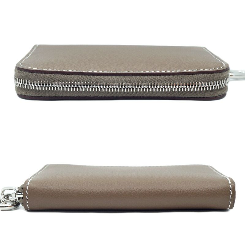 Hermes Zip Azap Compact Wallet Coin Purse Leather Etoupe Gray Silver