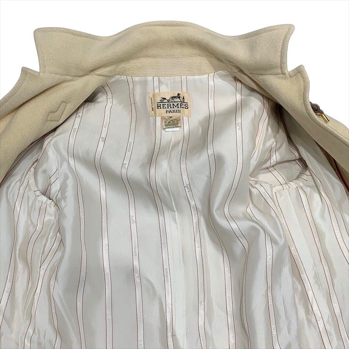 Hermes Vintage Duffel Coat Outer Glenan Viscose Cream Ivory Hood