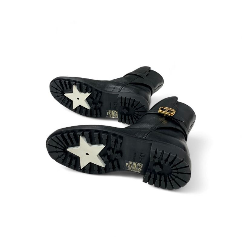 Dior Christian Empreinte Boots Shoes Leather Black Gold Logo