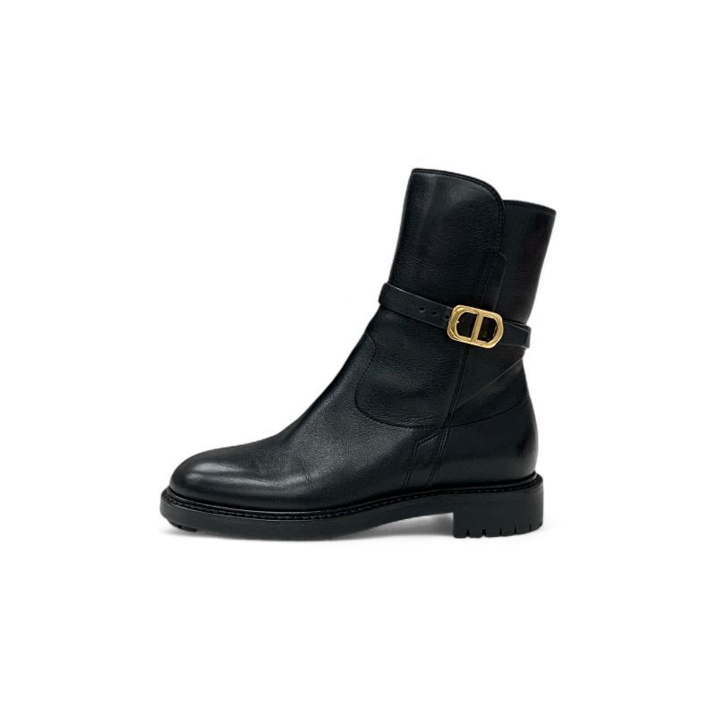 Dior Christian Empreinte Boots Shoes Leather Black Gold Logo