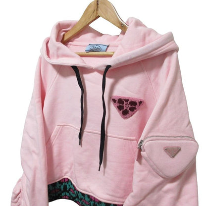 Prada Triangle Logo Cropped Hoodie Pullover Jacket XS Pink