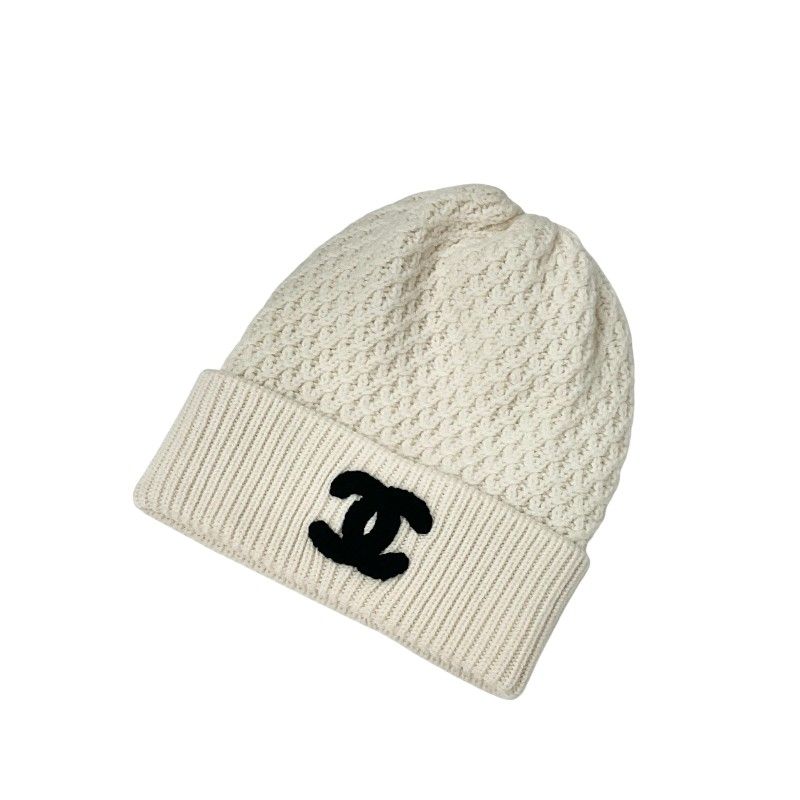 Chanel Cap Hat Cashmere White Black White CC Logo Knit Hat Beanie