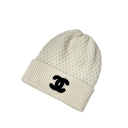 Chanel Cap Hat Cashmere White Black White CC Logo Knit Hat Beanie